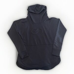 Calia Women Black Pullover Hoodie M Round Hem Logo, Pocket,‎ Cowl Neck-Fitness